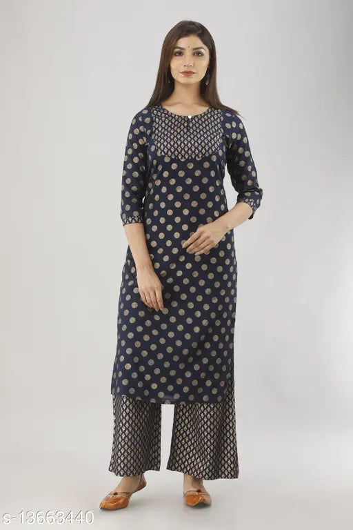 Rayon Slub Straight Printed Kurti With Palazzo - Gold Panel, three-quarter sleeves, Indian ethnic women's fashion in XS, S, M, L, XL, XXL, XXXL, 4XL, 5XL
