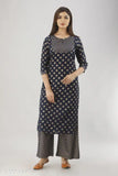 Rayon Slub Straight Printed Kurti With Palazzo - Gold Panel, three-quarter sleeves, Indian ethnic women's fashion in XS, S, M, L, XL, XXL, XXXL, 4XL, 5XL