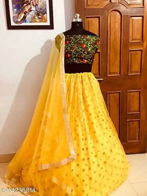 Yellow Chanderi Silk net embroidery lehenga-choli set with blouse and dupatta, showcasing intricate embroidery detail