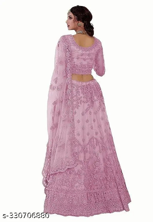 Designer pink embroidered net lehenga-choli with floral dupatta, semi-stitched (waist size 42in, length 44in), origin India