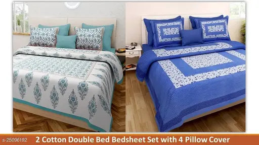 White Glace cotton, superfine abstract-patterned flat sheets for summer. Ideal for adult double queen bed combo (190 thread count), origin India