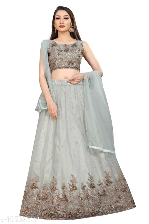 Grey nylon net zari work floral party lehenga choli with embroidered dupatta, semi-stitched for festive celebrations