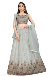 Grey nylon net zari work floral party lehenga choli with embroidered dupatta, semi-stitched for festive celebrations