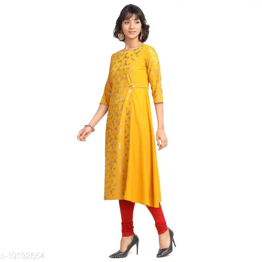 Yellow poly crepe A-line kurti with three-quarter sleeves, printed combo. Women's fashion clothing on hanger. S (bust size: 36in), M (bust size: 38in), L (bust size: 40in). India origin