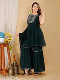 Green Rayon Kurta Set with Sharara and Dupatta: Embroidered A-line design for women's festive wear, featuring 1 kurti, 1 Sharara, and 1 Dupatta. Lightweight rayon fabric ensures comfort and elegance