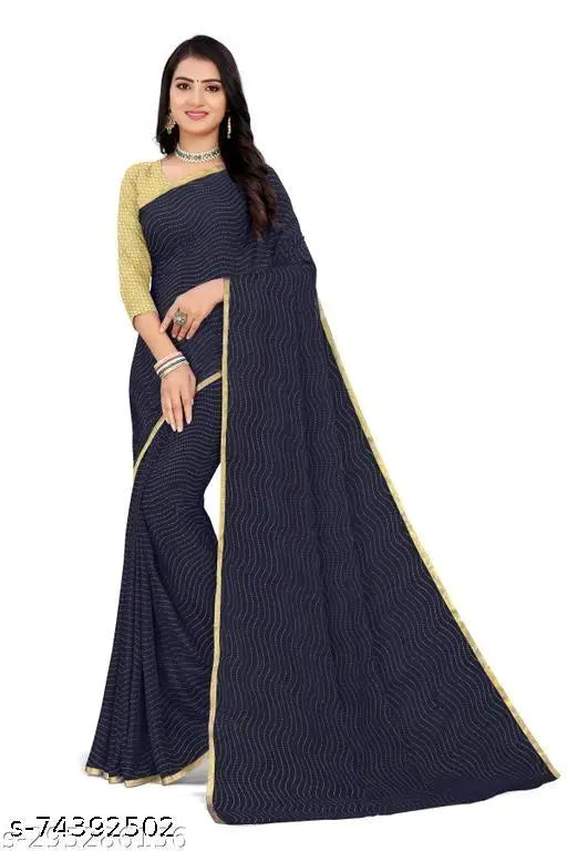 Black chiffon saree with separate brocade blouse, free size, India origin