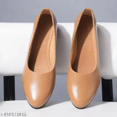 Brown synthetic leather and leather slip-on bellies for women, perfect for casual or party wear