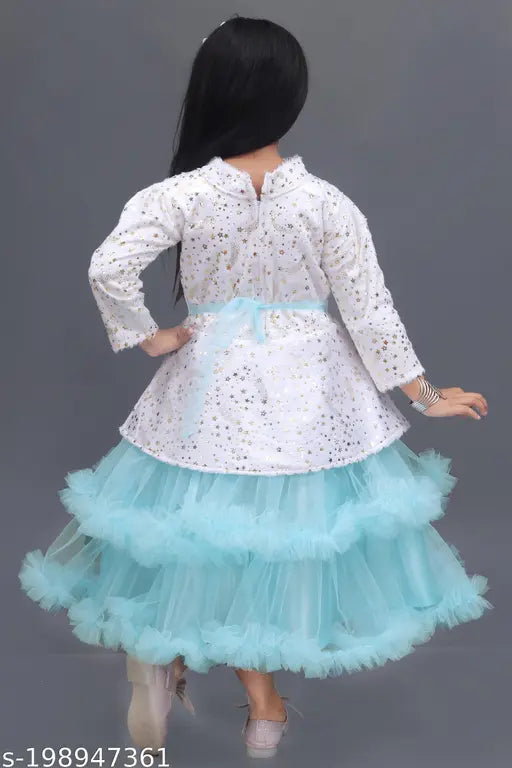 Aqua blue embellished net gown dress for kids aged 1-2, 2-3 years, made in India