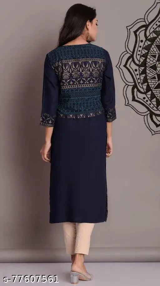 Blue rayon straight jacket kurti, printed combo three-quarter sleeves for women, Indian fashion on model