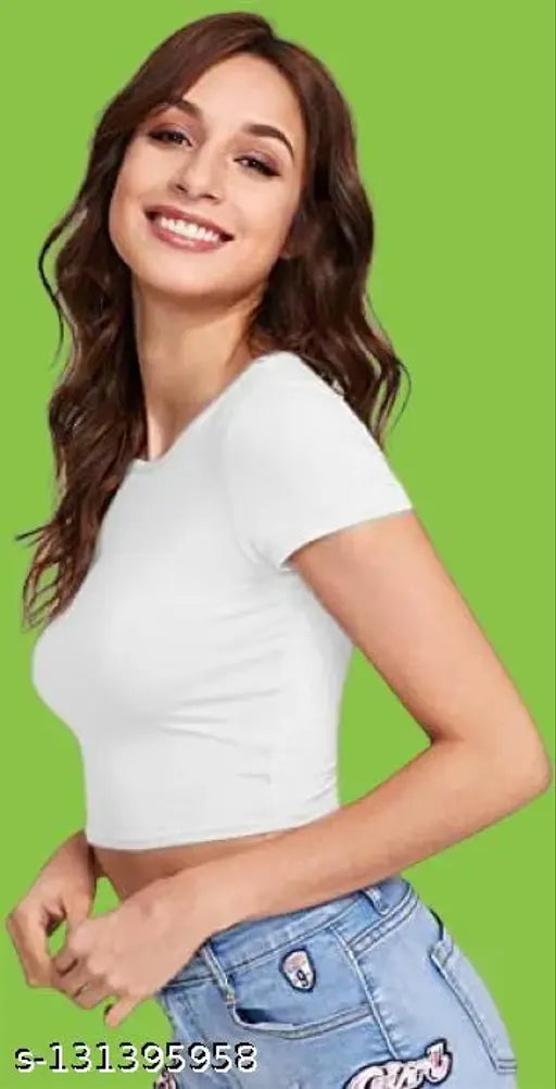 White polyester blend crop top, casual and comfortable for summer, women's size S to XL