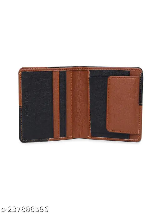 Black and tan faux leather men's belt with 3 card slots, checked pattern, and coin pocket