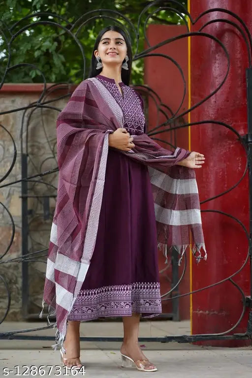Rayon Anarkali gown with printed net, embroidered a-line kurta and matching dupatta, three-quarter sleeves, multiple sizes available from M to 6XL