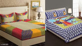 Cotton Jaipuri double bed sheets set with 4 pillow covers, queen size, from India
