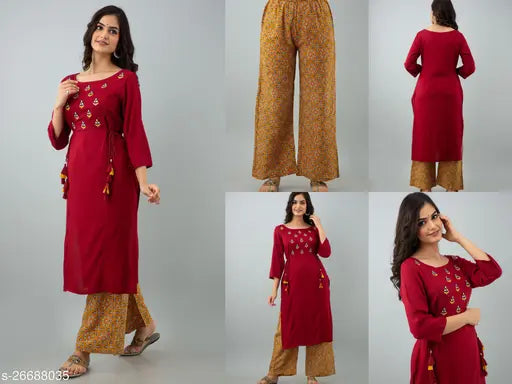Embroidered rayon SANGAKURTI Women's kurta and palazzo set, three-quarter sleeves, Indian-made fashion on display stand (XL/XXL sizes available)