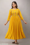 Yellow rayon anarkali kurti with embroidery, three-quarter sleeves for women
