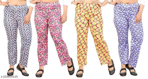 Soft cotton printed lounge wear pajamas pack of 4, ideal for sleep and leisure in all seasons. Indian-made, comfortable, affordable, functional, and fashionable track pants