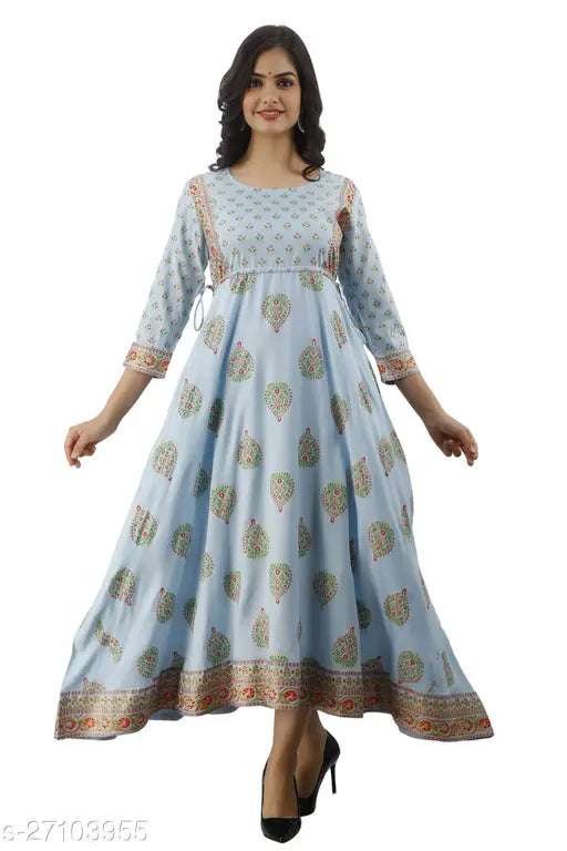 Rayon flared kurta in printed combo, three-quarter sleeve for women. Indian fashion wear on mannequin
