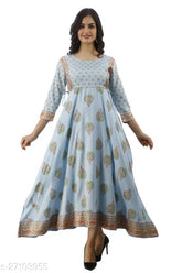 Rayon flared kurta in printed combo, three-quarter sleeve for women. Indian fashion wear on mannequin