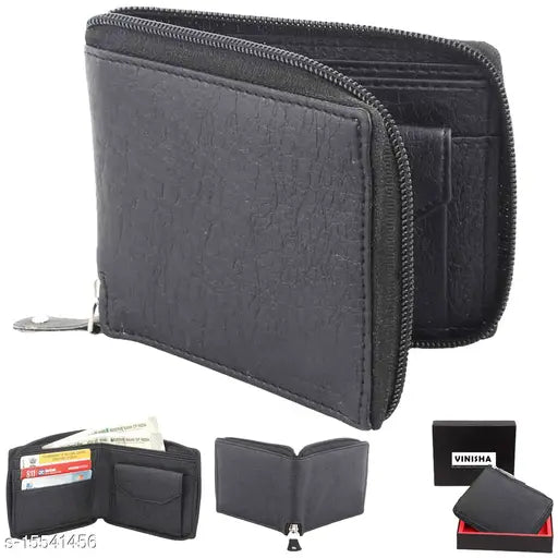 Trendy men's black leather wallet with 2 compartments, solid design, free size (11x9cm), made in India