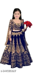 Velvet lehanga cholis with net dupatta, dyed/washed semi-stitched design, 6-7 years size