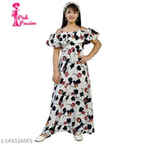 White floral printed cotton blend off shoulder/in shoulder fit and flare long gown for girls, sizes 8-12 years, India origin
