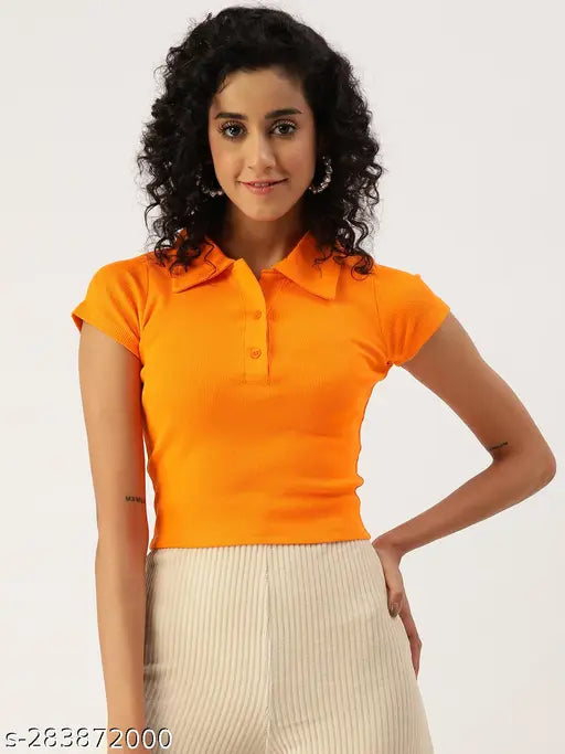 Solid cotton short sleeve crop top for women - Trendy ladies' crop tee from India