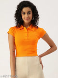 Solid cotton short sleeve crop top for women - Trendy ladies' crop tee from India