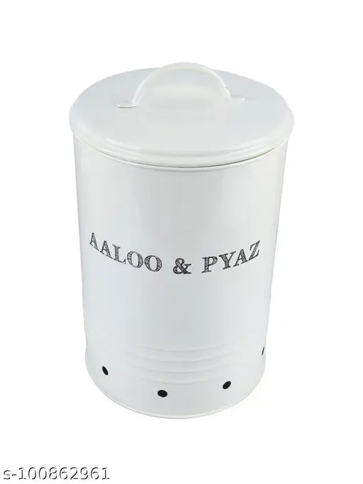 White Mild Steel Vegetable Container, BPA Free, Aloo & Pyaz Design, Air Tight Kitchen Organizer, Perfect for Onions & Potatoes
