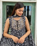 Dark blue rayon printed sleeveless kurta sharara set with dupatta, Indian women's traditional attire for events