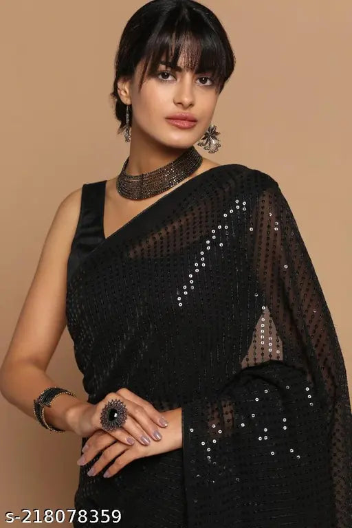Black Banarasi silk pleated saree embellished with sequins, free size, 5.5m length