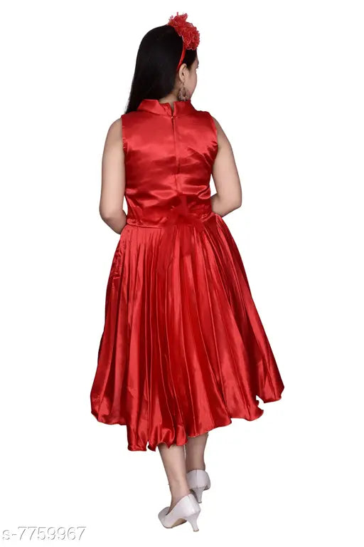 Red satin maxi gown dress, solid pattern party wear for girls aged 3-4 years