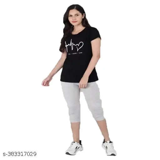 Women's cotton capri nightwear, half sleeves top with round neck and printed pattern, comfortable and relaxed fit for lounging at home