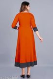 Orange rayon round pleated flared kurti with three-quarter sleeves, perfect for casual and formal occasions