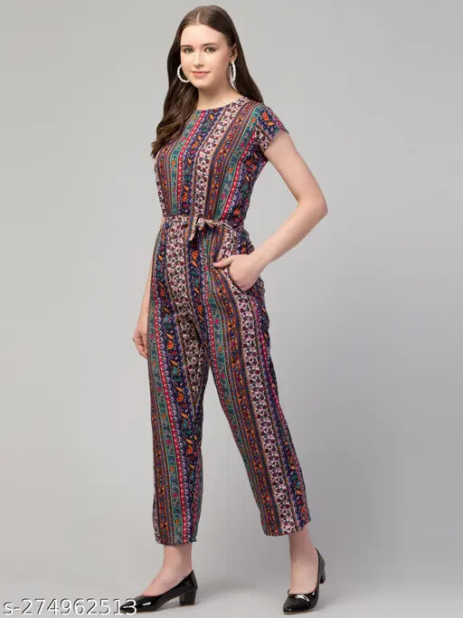 Multicolor floral print crepe jumpsuit for women, durable and versatile for various occasions