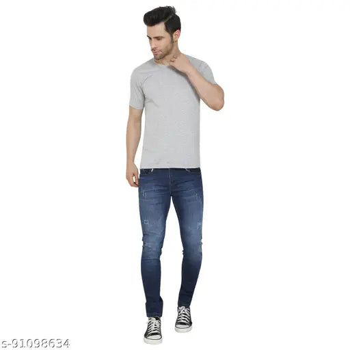 Grey cotton round neck t-shirt for men by Filev, premium bio-washed fabric with short sleeves and solid pattern