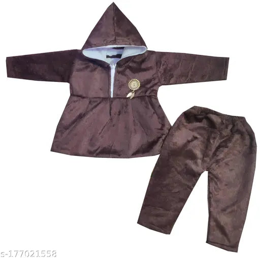 Woolen kids winter hoody pyjama set, soft and cozy sweatshirts with long sleeves in solid design, perfect for baby girls