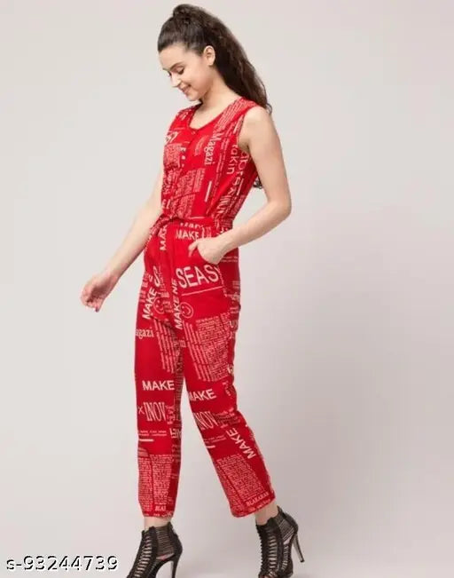 Red printed crepe jumpsuit, Western wear for women, Indian-origin