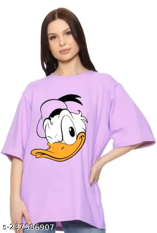 Oversize donald duck printed casual cotton long t-shirt for women, vibrant design on short sleeves, size: N, made in India