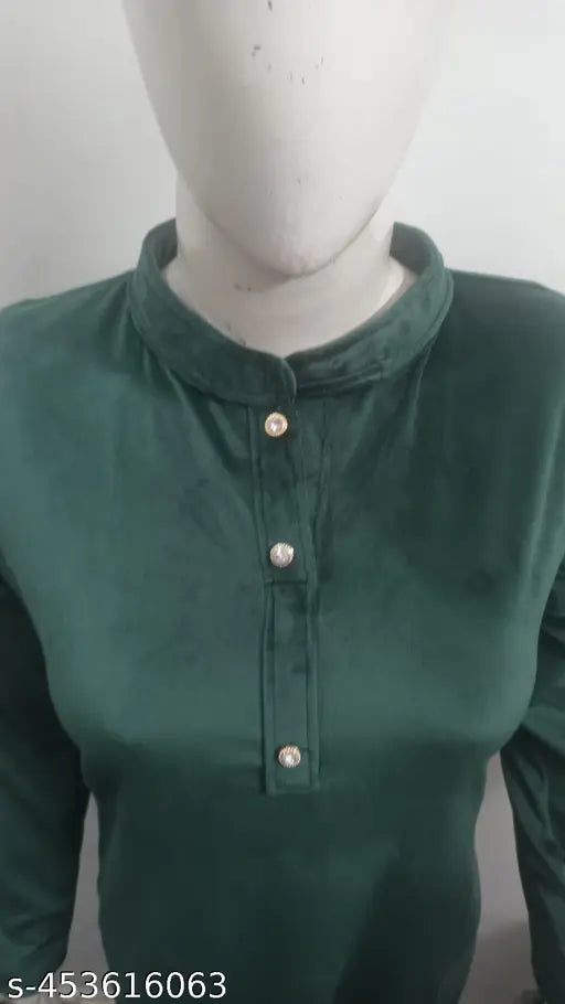 Green velvet kurti for ladies, knee-length with side pockets and premium soft fabric, exclusively for winters