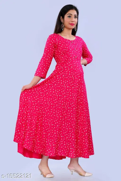 Demirner pink rayon anarkali, printed three-quarter sleeves, Indian traditional wear - size M & L