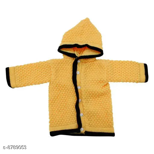 Yellow wool baby hoodie sweater with self-design net pattern, long sleeves for 0-6 months infants