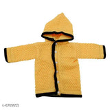 Yellow wool baby hoodie sweater with self-design net pattern, long sleeves for 0-6 months infants