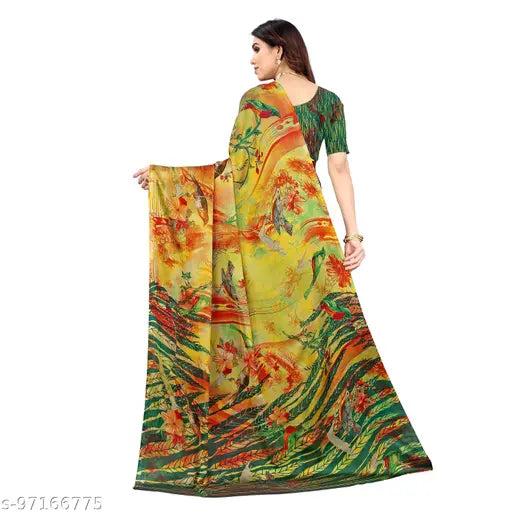 Forest Red Green chiffon saree with printed floral design, ideal for daily wear for women, made in India