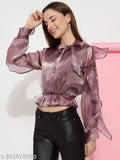 Organza long-sleeve western top, Indian-inspired design in solid pattern. M, L, XL, XXL sizes available