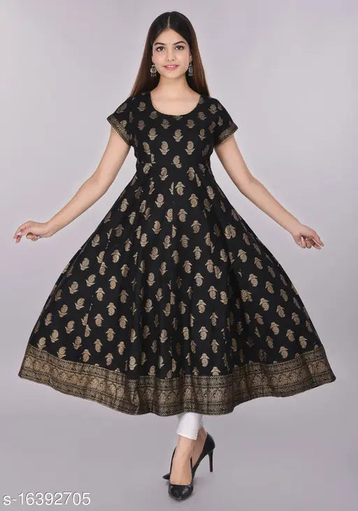 Black rayon anarkali kurta with gold print, short sleeves, L size (50 in), Indian fashion