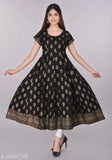 Black rayon anarkali kurta with gold print, short sleeves, L size (50 in), Indian fashion