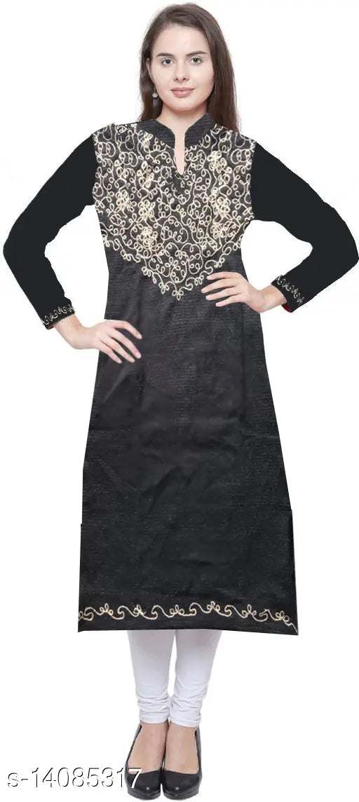 Black wool women's straight self-design kurti, long sleeves, single size XS, Indian handloom