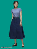 Denim blue stretchable skirt with front pockets, perfect for western style and versatile wardrobe essential