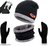 Winter knit hat set with gloves (3-piece, any random color) - high-quality acrylic & cotton, stretchable and warm for men and women
