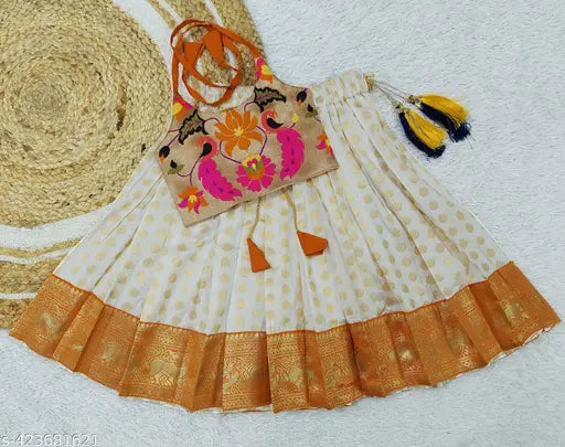 Orange jacquard lehenga choli set for kids, traditional pattu pavadai style, art silk fabric, ready-to-wear, made in India